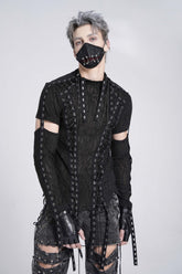 Black Long Sleeves Strap Lace-Up Irregular Mesh Men's Gothic T-Shirt